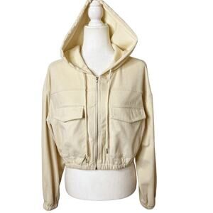 Shein Women's Corduroy Jacket Size L Cream Zip Up Hoodie Cropped Flap Pockets